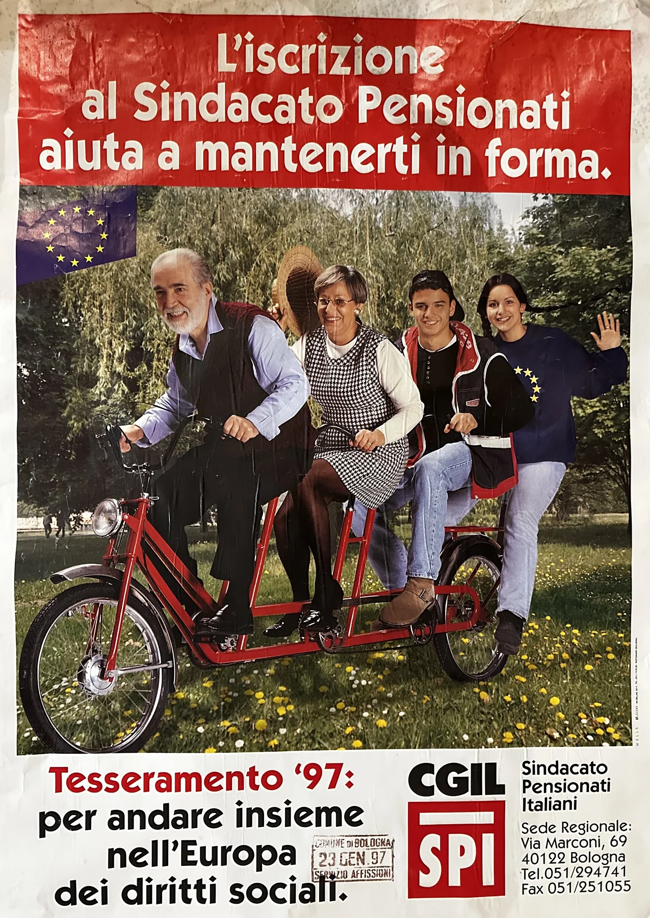 Manifesto del Sindacato Pensionati Italiani CGIL per il tesseramento del 1997, con quattro persone su una bicicletta